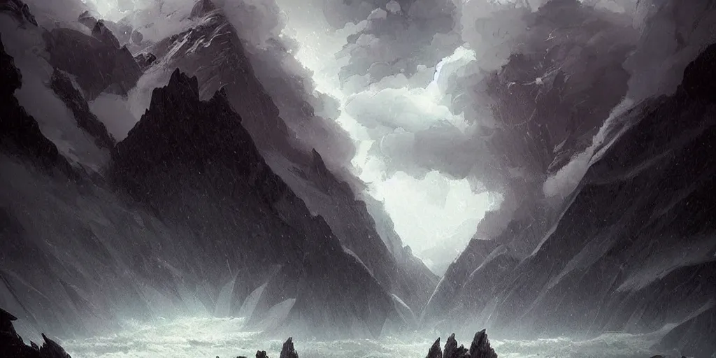 Prompt: A violent winter storm over the mountains, fork lightning, magical, foreboding and epic, digital art by Greg Rutkowski and Studio Ghibli