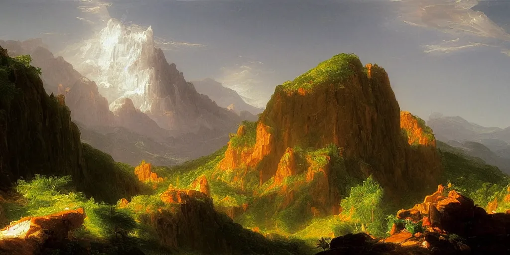 Image similar to very detailed and perfectly readable fine and soft relevant out of lines soft edges painting by thomas cole in hd, red mountains, nice lighting, perfect readability