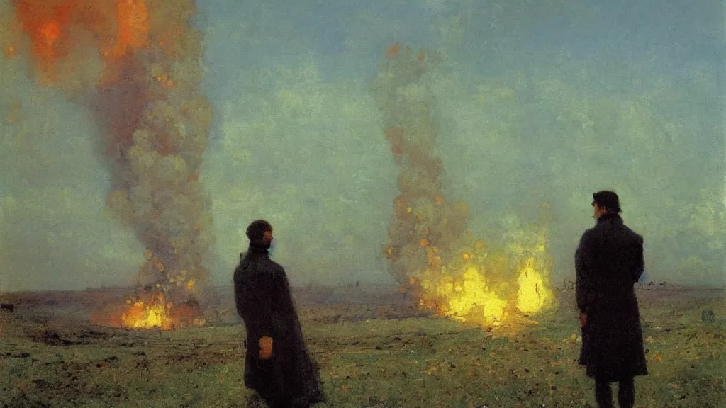 Prompt: high quality high detail painting by ilya repin, man standing in front of huge explosion, hd