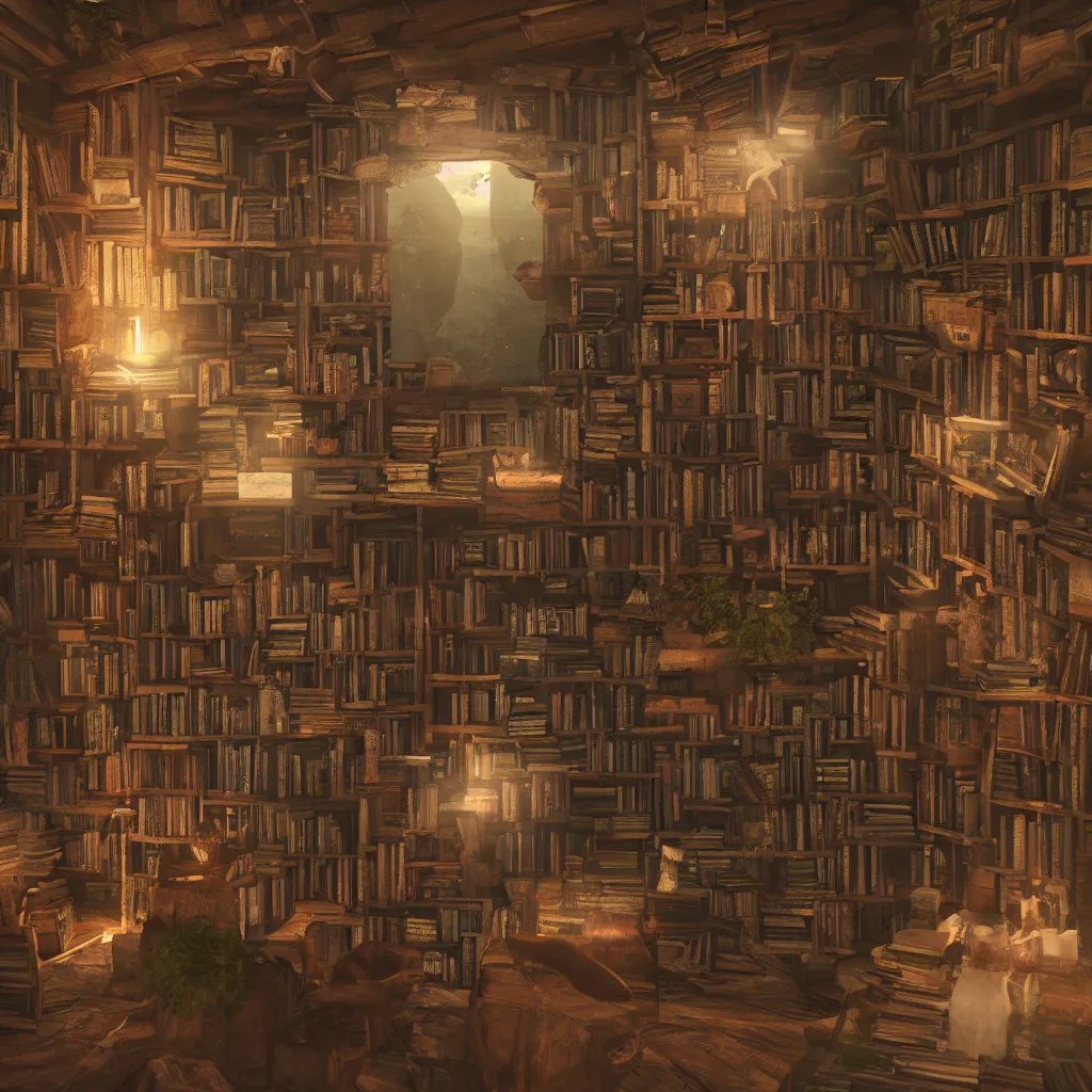 Prompt: there are many books and bookshelves in a warm hut, spiral, unreal engine, global illumination, flowers, smoke, detailed and intricate environment, mysterious, comfort, in the style of aetherpunk