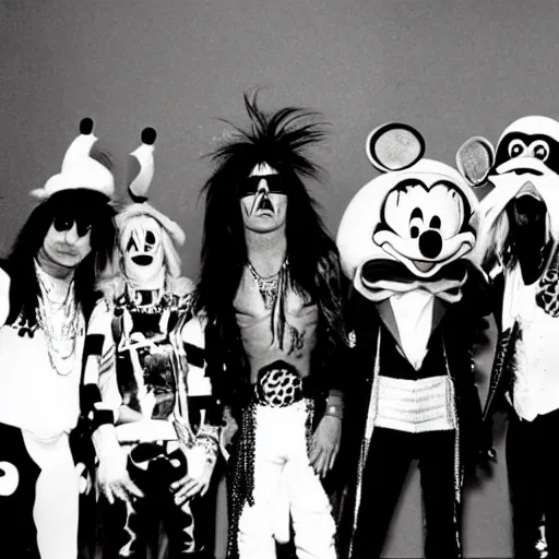 Prompt: 1 9 8 6 photo of the band motley crue with goofy dressed as tommy lee, donald duck dressed as nikki sixx, mickey mouse as vince neil and pinocchio dressed as mic mars