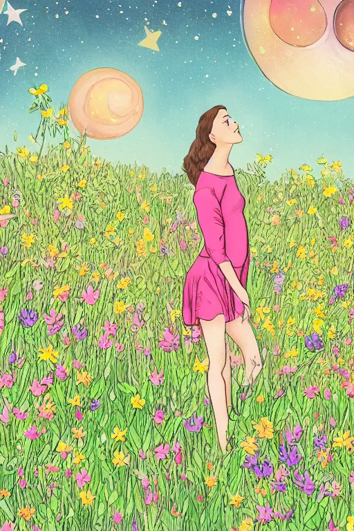 Prompt: illustration of a girl standing in a field of wild flowers gazing up to stars and milkyway, foreshortening