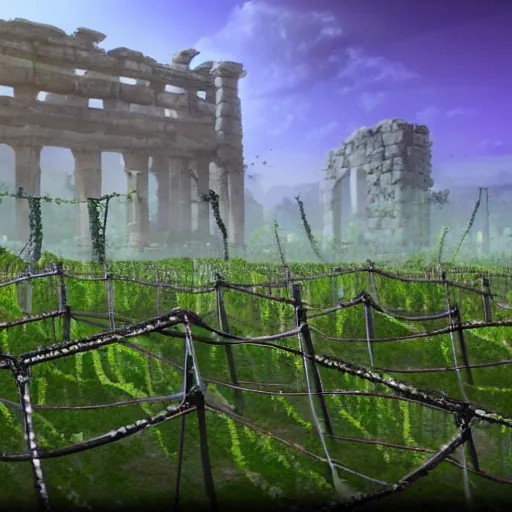 Image similar to Racks of computer equipment surrounded by ancient ruins and covered in vines, concept art, highly detailed, 8k, hyper realistic, unreal engine