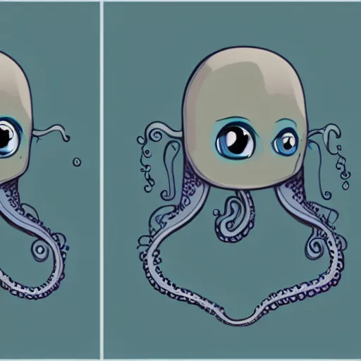 Prompt: character design of an adorable baby faced alien with tentacles on the sides of it's mouth, blue, tiny horns