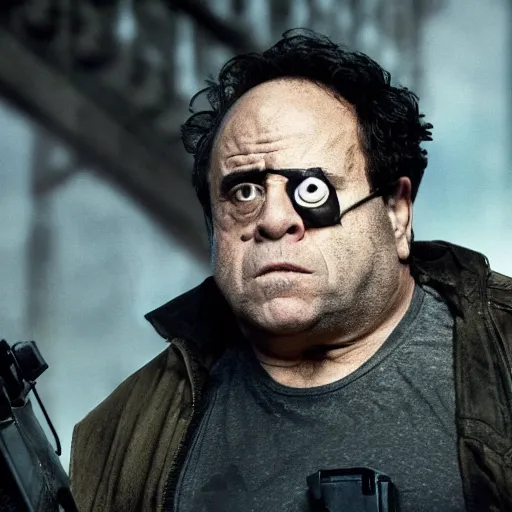 Image similar to Danny Devito as The Punisher 4K, epic, cinematic, focus, movie still, fantasy, serious, extreme detail, atmospheric, dark colour, sharp focus