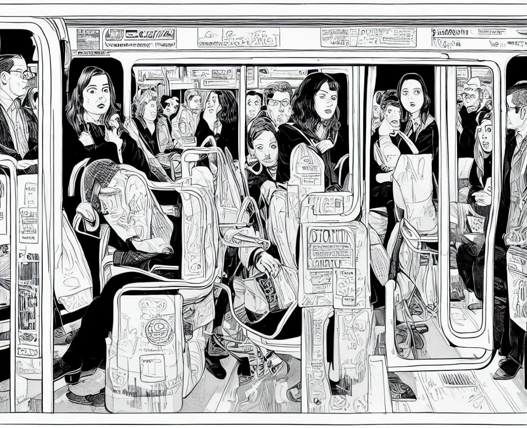 Image similar to a tight detailed ink drawing in the style of Daniel Clowes and Adrian Tomine and Gabrielle Bell, 3/4 view wide shot of only two people: a sad woman in a parka who looks like Aubrey Plaza, sitting 3 feet from a friendly middle-aged German businessman in a suit, with short blond hair and mustache, in a an empty Chicago subway train