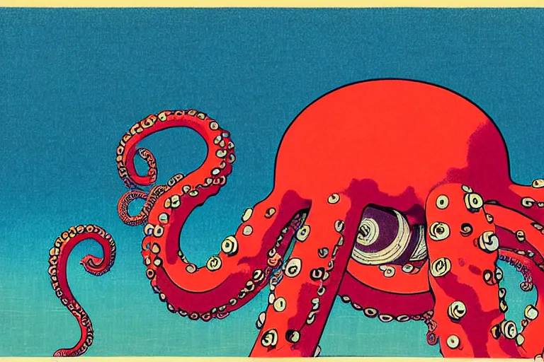 Prompt: half monkey half octopus creature, body of an octopus head of a monkey, photoillustration ink drawing acrylic art digital illustration oil on canvas photorealistic polished sci - fi ukiyo - e david rios ferreira filmic stock photo landscape polished photorealistic, by kawase hasui, moebius and edward hopper, vivid bright light, colorful flat surreal design, hd, 4 k, artstation