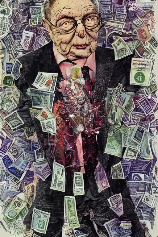 Image similar to George Soros full body shot, dollar bills Body horror, biopunk, by Ralph Steadman, Francis Bacon, Hunter S Thompson