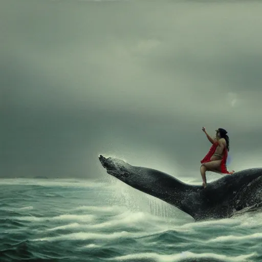 Image similar to maori girl riding a whale in ocean ,in the rain, style of Hiroshi Sugimoto ,atmospheric illustration, horror