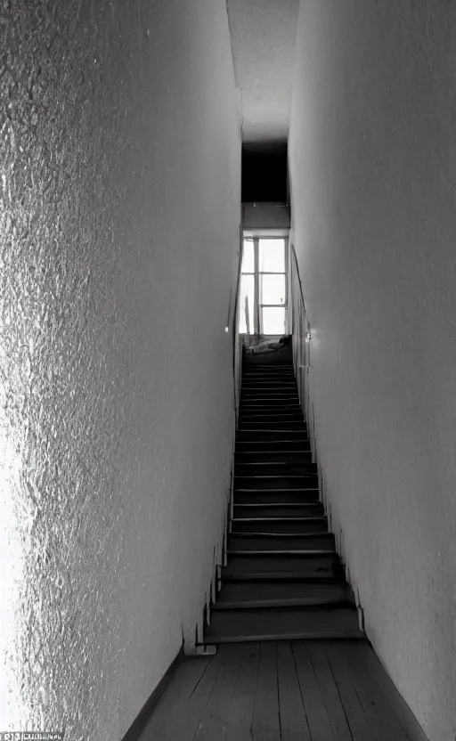 Image similar to a staircase heading to a black hole, dark scary figure standing at the top of the staircase