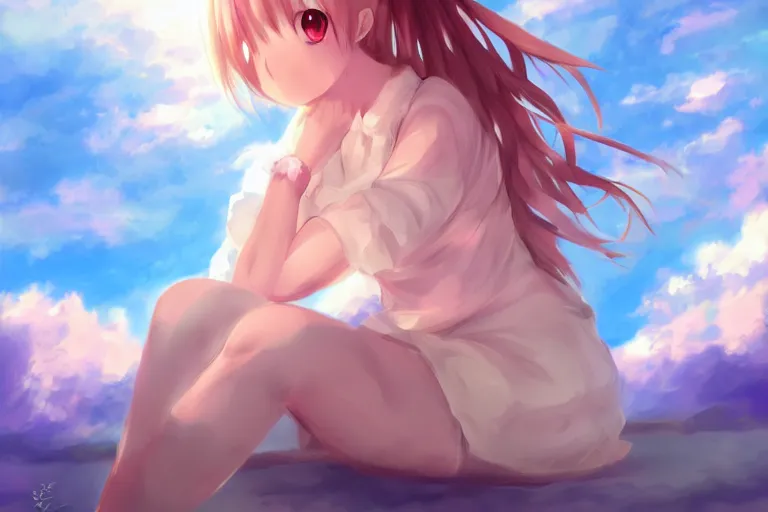 Image similar to a cute anime girl sitting on a cloud, digital painting, anime, portrait