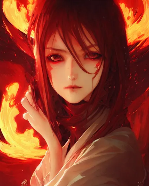 Prompt: red eyed beautiful anime girl, flames everywhere, highly detailed, digital painting, artstation, concept art, smooth, sharp focus, illustration, art by artgerm and greg rutkowski and alphonse mucha