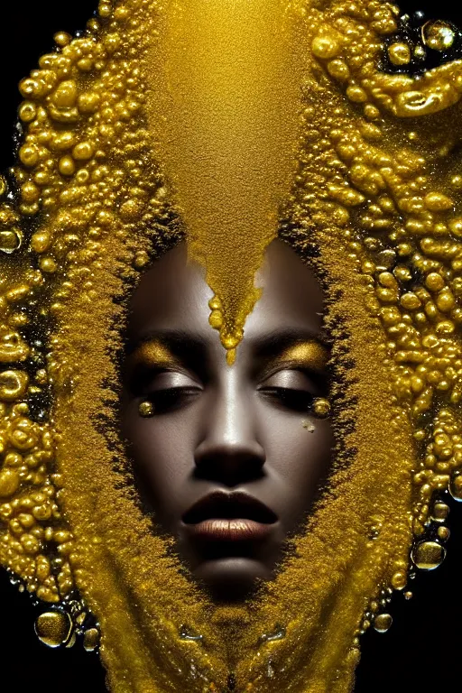 Image similar to hyperrealistic post - dada cinematic very expressive! profile black oshun goddess, emerging from water!!, mirror dripping droplet!, gold flowers, highly detailed face, digital art masterpiece, smooth eric zener cam de leon, dynamic pearlescent teal light, low angle uhd 8 k, sharp focus