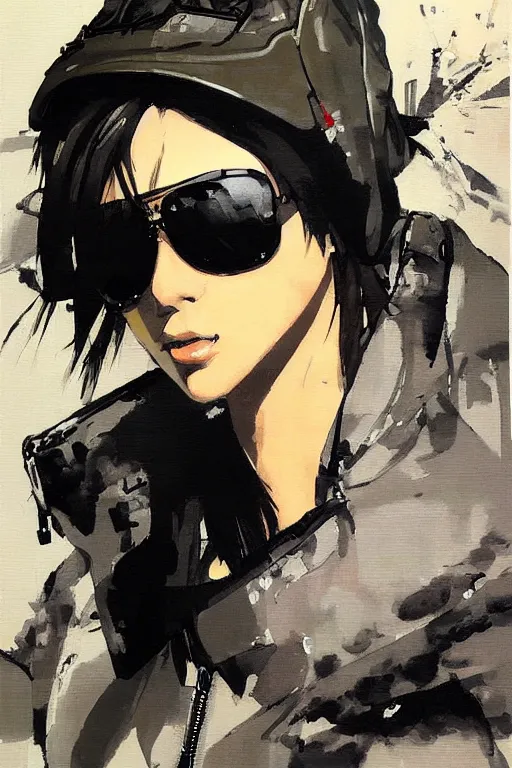 Prompt: yoji shinkawa painting of a stylish woman with aviator cap