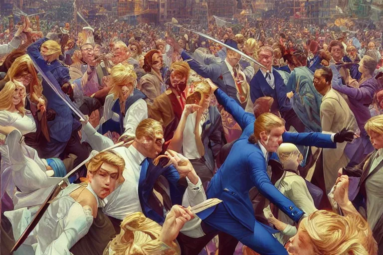 Image similar to a crowd throwing swords at a blond man in a blue suit, surrounded by a crowd, intricate, elegant, ultra realistic illustration, highly detailed, digital painting, artstation, concept art, smooth, sharp focus, illustration, art by artgerm and greg rutkowski and alphonse mucha