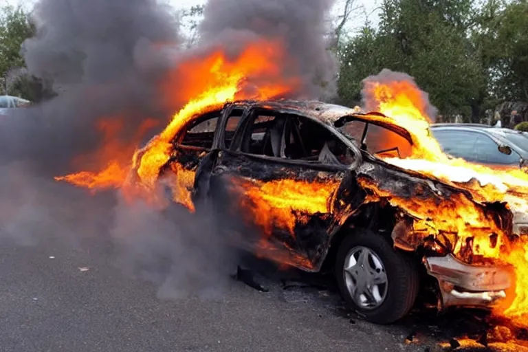 Prompt: a perfectly timed photo of a fiery car crash