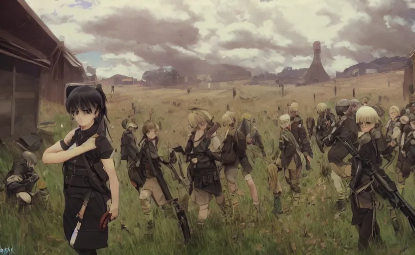 Prompt: panoramic view, girl, soldier clothing, battlefield in background, anime style, short hair, hair down, realistic anatomy, symmetrical facial features, from arknights, hyper realistic, 4 k, extreme detail, detailed drawing, trending artstation, safebooru, pixiv, realistic lighting, by alphonse mucha, greg rutkowski, sharp focus, backlit