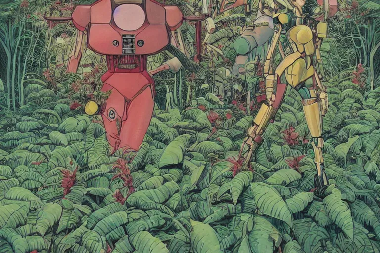 Image similar to gigantic woman head, a lot of exotic vegetation around, trees, tremendous mecha robot, flowers, risograph!, oldschool vintage sci - fi flat surreal design, super - detailed, painting by moebius and satoshi kon