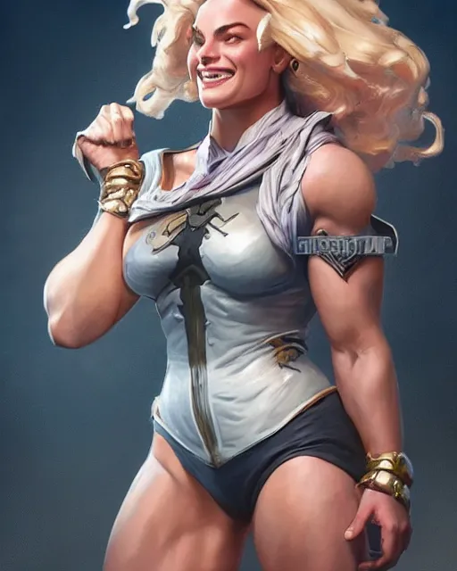 Image similar to full figure ultra realistic illustration, margot robbie as thick female bodybuilder witch zarya from overwatch smiling with closed eyes, intricate, elegant, highly detailed, digital painting, artstation, concept art, smooth, sharp focus, illustration, art by artgerm and greg rutkowski and alphonse mucha