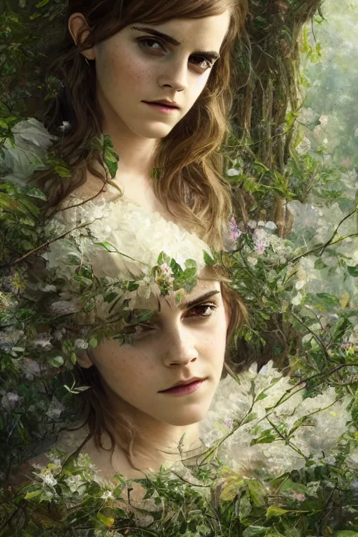 Image similar to Emma Watson as a beautiful forest nymph, oil on canvas, intricate, portrait, 8k highly professionally detailed, HDR, CGsociety