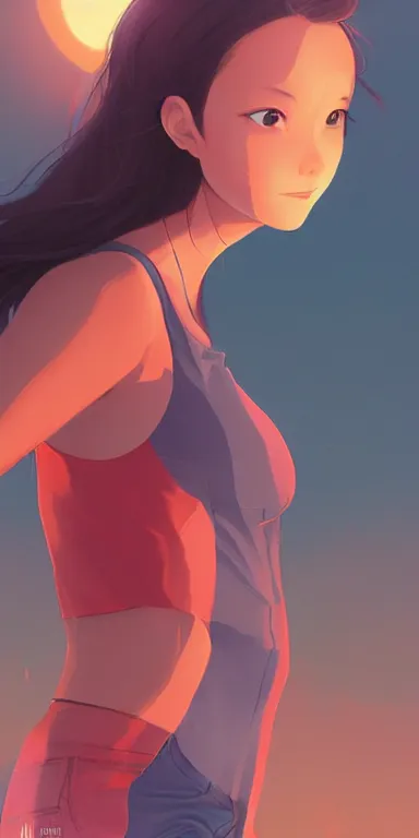 Image similar to lois van baarle, artgerm, helen huang, by makoto shinkai and ilya kuvshino, rossdraws, illustration, art by ilya kuyshuno. cute scarlet red haired cyborg woman, steel gray body, denim shorts, at beach at sunset, beautiful face, smile, elegant, exaggerated proportions, looking at me