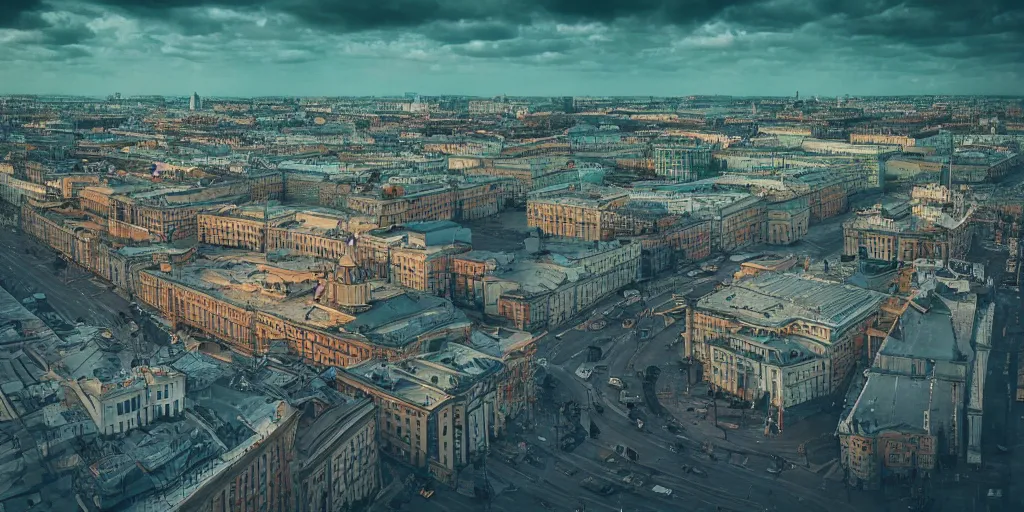 Image similar to cinematic street shot of a flying city, phalanster, saint petersburg city, telephoto, anamorphic cinematography, beautiful composition, color theory, leading lines, photorealistic, moody volumetric lighting