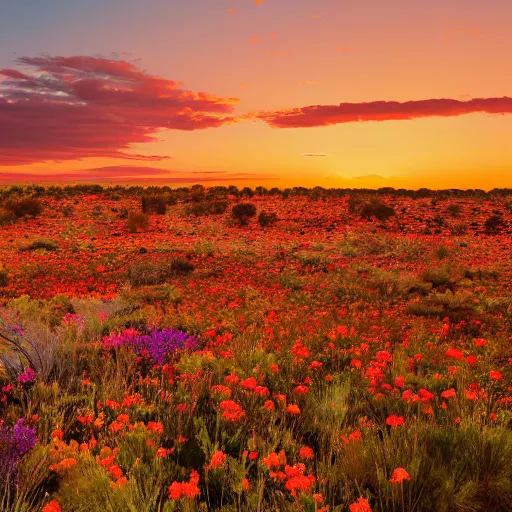 Image similar to hiqh quality photo of the australian red desert covered in colorful wild flowers, golden hour