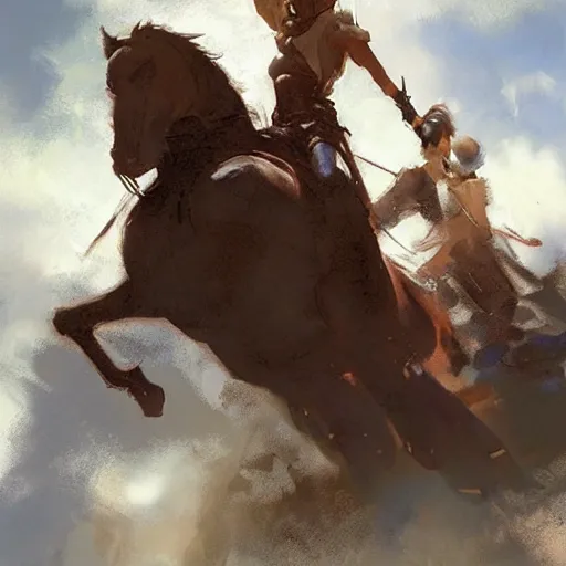 Image similar to a rider on the back of a horse, a storybook illustration by krenz cushart and phil hale, pixiv contest winner, fantasy art, official art, concept art, storybook illustration. detailed masterpiece.