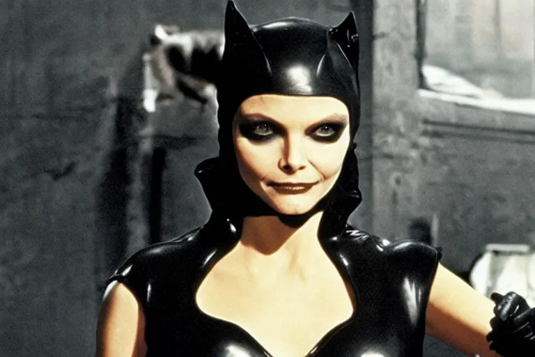 Image similar to publicity photograph of Michelle Pfeiffer as Catwoman