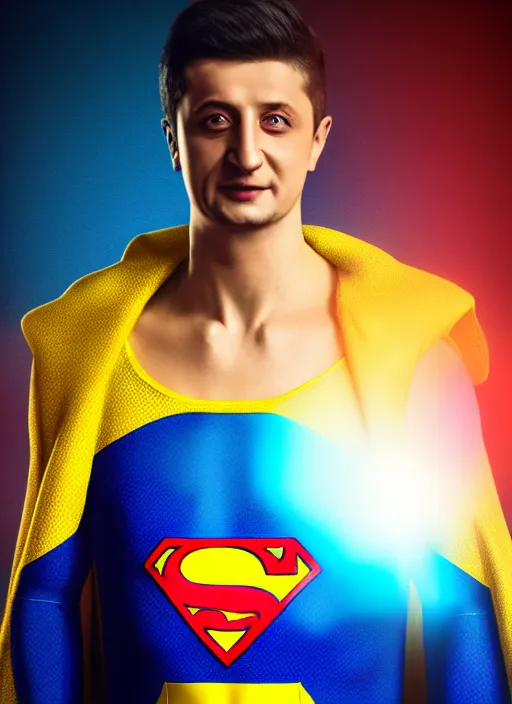Prompt: volodymyr zelenskyy, ukrainian superman, ukrainian national clothes, portrait of young man, 8 k ultra realistic, lens flare, atmosphere, glow, detailed, intricate, full of colour, led lighting, 4 k, hyperrealistic, focused, extreme details, unreal engine 5, masterpiece