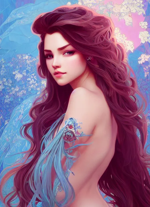 Image similar to beautiful girl with long turqoise hair, cute, intricate, highly detailed, digital painting, trending on artstation, concept art, smooth, sharp focus, illustration, unreal engine 5, 8 k, art by artgerm and alphonse mucha