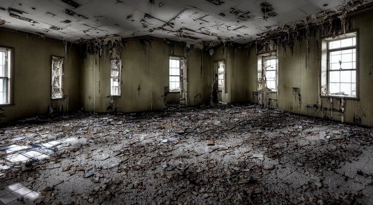 Image similar to photograph of the inside of a rotting abandoned hospital with a checkered floor, dark, no windows, horror | joe biden barely in view in the corner with a demonic grin on his face