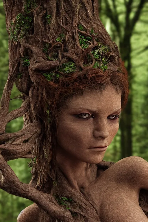 Image similar to A hyper real photo of a female dryad, whose face is made of wood, rendered in unreal, 4k, subtle horror theme, menacing.