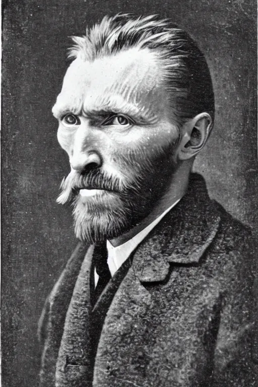 Image similar to a monochrome daguerrotype realistic, supersharp portrait of vincent van gogh, shallow depth of field