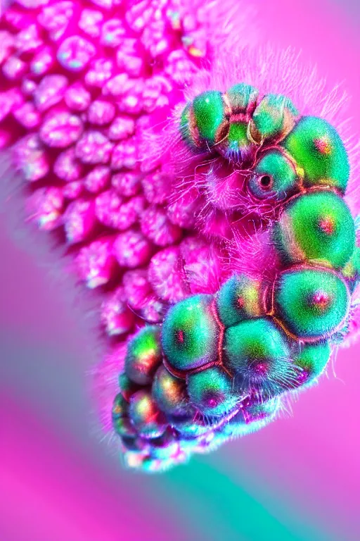 Image similar to high quality close-up photo pearlescent fluffy caterpillar! gorgeous highly detailed hannah yata elson peter cinematic pink lighting high quality low angle hd 8k sharp shallow depth of field