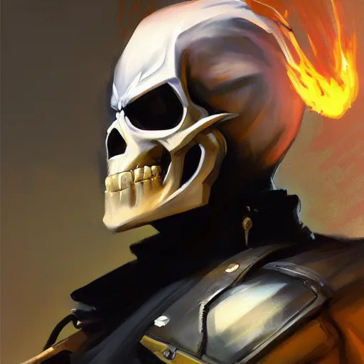 Image similar to greg manchess portrait painting of ghost rider as overwatch character, medium shot, asymmetrical, profile picture, organic painting, sunny day, matte painting, bold shapes, hard edges, street art, trending on artstation, by huang guangjian and gil elvgren and sachin teng