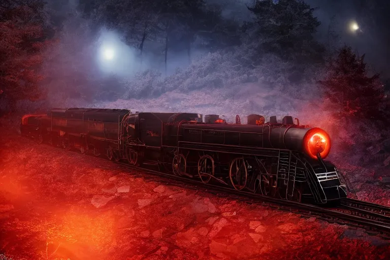 Prompt: devil train fiery black smoke locomotive blazing throguh dark forest, eerie moon eclipse, hyper realistic, ambient lighting, concept art, intricate, hyper detailed, smooth, dynamic volumetric lighting, octane, raytrace, cinematic, high quality, high resolution, 4 k, cgsociety, rutkowski, gurney