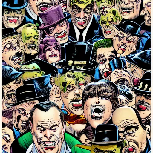 Image similar to drawing of 1 4 tiny jokers crawling out the mouth of gotham city's finest investigative reporter, 4 k art by brian bolland, graphic novel art