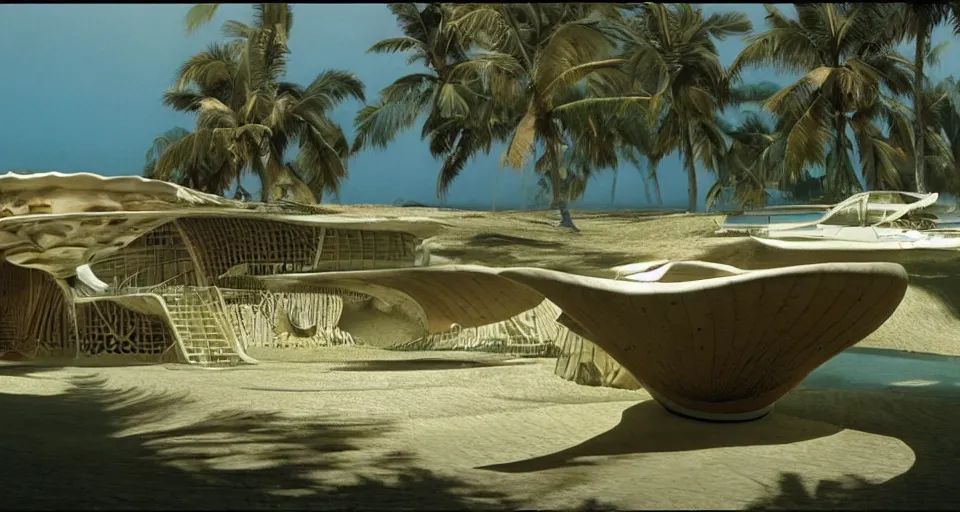 Image similar to a giant seashell house in the middle of nowhere, cinematography by syd mead, gregory crewdson, moebius