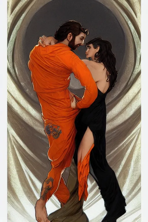 Image similar to bearded young man wearing orange t - shirt and tinfoil hat fastens zipper on beautiful black dress of his spouse before going to exquisite gala art by artgerm and greg rutkowski and charlie bowater and magali villeneuve and alphonse mucha