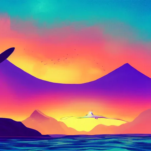 Prompt: digital painting of a huge whale with tiny small little wings, the whale is flying over the landscape, the landscape is filled with mountains, violet red colorful vibrant sky, vibrant water river, fully detailed, high quality painting, matte painting, trending on artstation, trending on deviant art