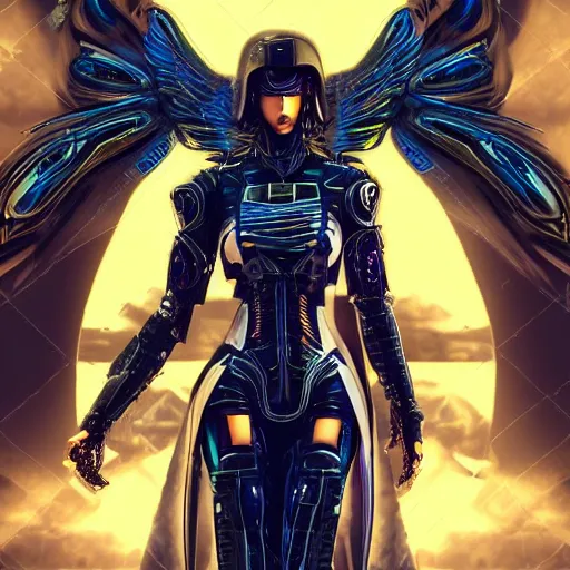 Image similar to tall female cyber angel, cyberpunk armor, flowing robes, ornate gothic interior