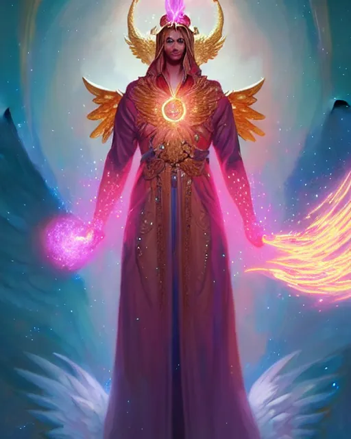 Image similar to a character portrait of only one male angel of justice with golden fiery wings, surrounded with spiriling sparkling rose crystals and galaxies, by peter mohrbacher, hyper light drifter, jim burns, greg rutkowski, trending on artstation