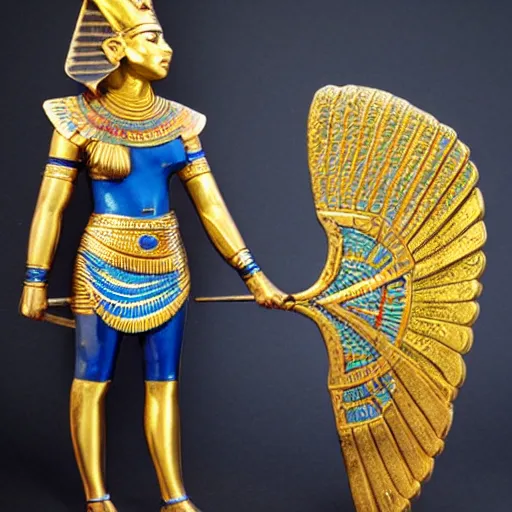 Prompt: female warrior with gold and blue Egyptian armour with golden wings