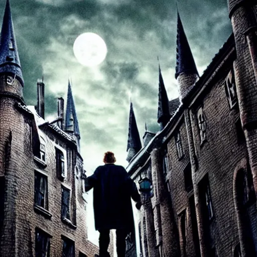 Image similar to Harry potter flying upright and channelling an intricate ritual, back view, cinematic shot, intricate detail and quality, movie still, nighttime, crescent moon, minor motion blur, action shot, photorealistic, intense scene, visually coherent, symmetry, rule of thirds, movement, vivid colors, award winning, Steven Spielberg, Christopher Nolan, Tooth Wu, Asher Duran, Greg Rutkowski