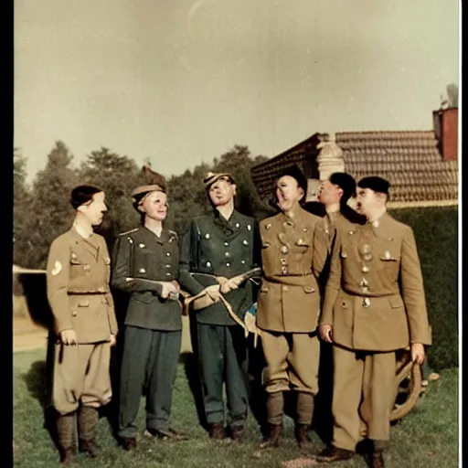 Image similar to gender reveal party with german soldiers in nazi uniform, 1 9 4 3 paris, colored photography, highly detailed scan