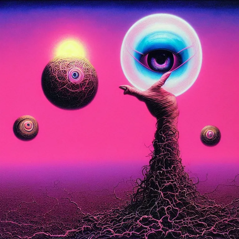 Prompt: symbolic eyeball in hand over pink fields of infinite quantum ghosts, synthwave, bright neon colors, highly detailed, cinematic, tim white, vladimir kush, philippe druillet, roger dean, bob eggleton, michael whelan, boris vallejo, alfred kelsner, kubrick, jaroslaw jasnikowski