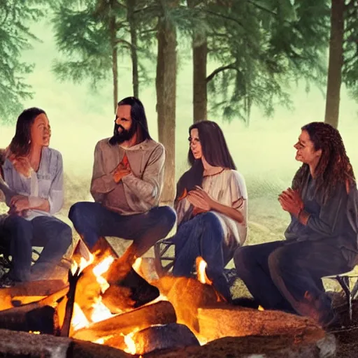 Image similar to jesus god talking with 4 women and 2 men around a campfire, realistic