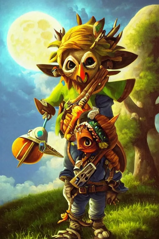 Image similar to asher brown durand oil painting on canvas hyrule skullkid in majoras mask with the moon in the sky