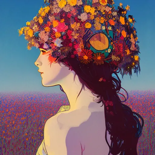 Image similar to a beautiful painting of a girl in a field of flowers with a helmet by andy warhol and conrad roset and alphonse mucha and nekro and greg rutkowski. colorful comic, film noirs, symmetry, sharp lines, hyper detailed. octane render. trending on artstation